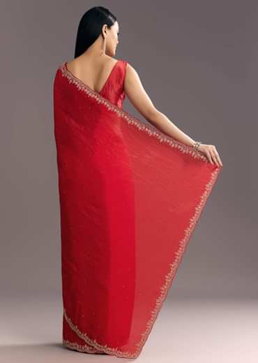 Red Crushed Tissue Stone Embellished Saree With Cutdana Scallop Border