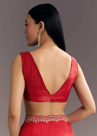 Red Crushed Tissue Stone Embellished Saree With Cutdana Scallop Border
