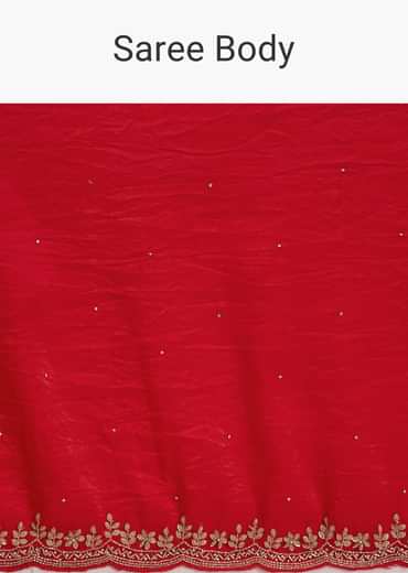 Red Crushed Tissue Stone Embellished Saree With Cutdana Scallop Border