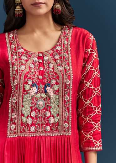 Red Dola Silk Anarkali Suit With Beads Gotta And Cut Dana Work