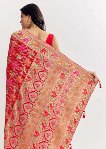 Red Dola Silk Bandhani Saree With Multicolor Animal Motifs And Gota Border