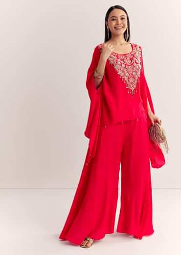 Red Dola Silk Cape Kurta Set With Embroidery