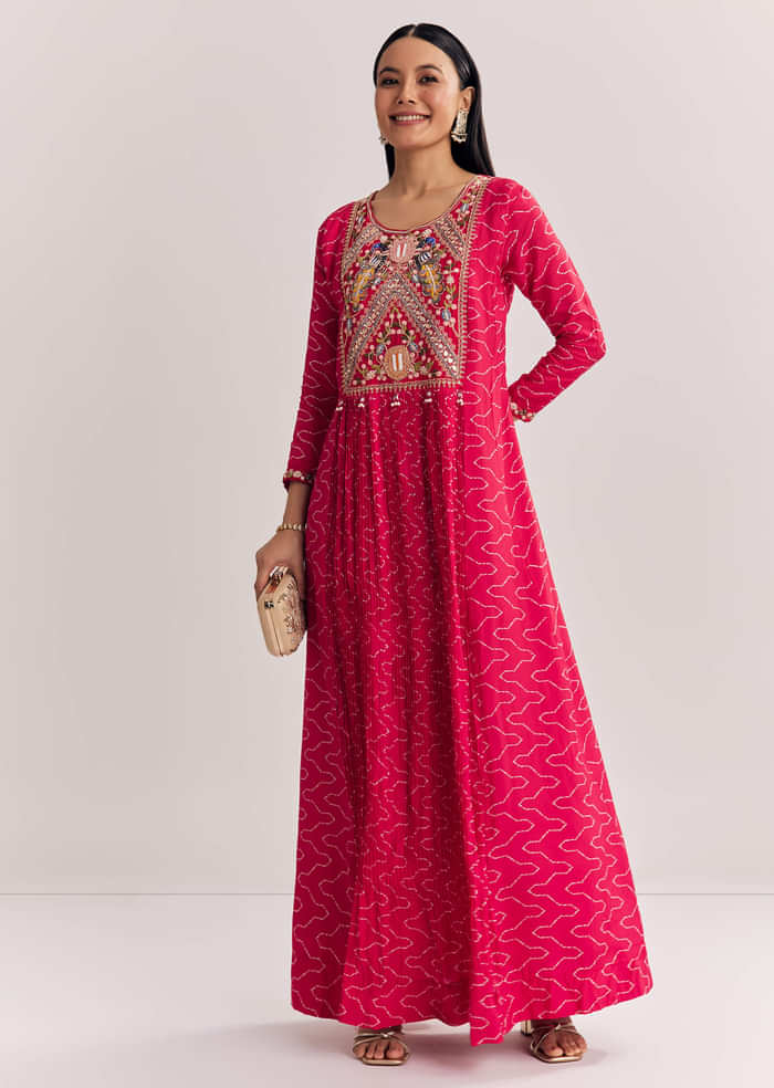 Red Dola Silk Gown With Embroidered Print
