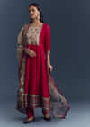 Red Dola Silk Printed Anarkali Suit With Intricate Hand Embroidery