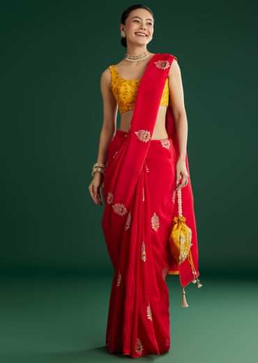Red Dola Silk Saree With Butti Weave