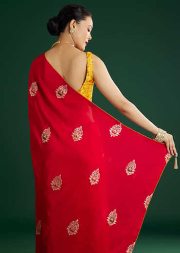 Red Dola Silk Saree With Butti Weave