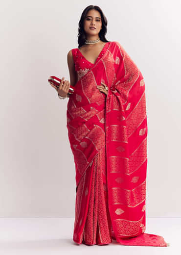 Red Dola Silk Saree With Gota Patti Woven Motifs