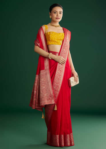 Red Dola Silk Saree With Woven Border And Pallu
