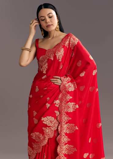 Red Dola Silk Woven Motif Saree With Scallop Border
