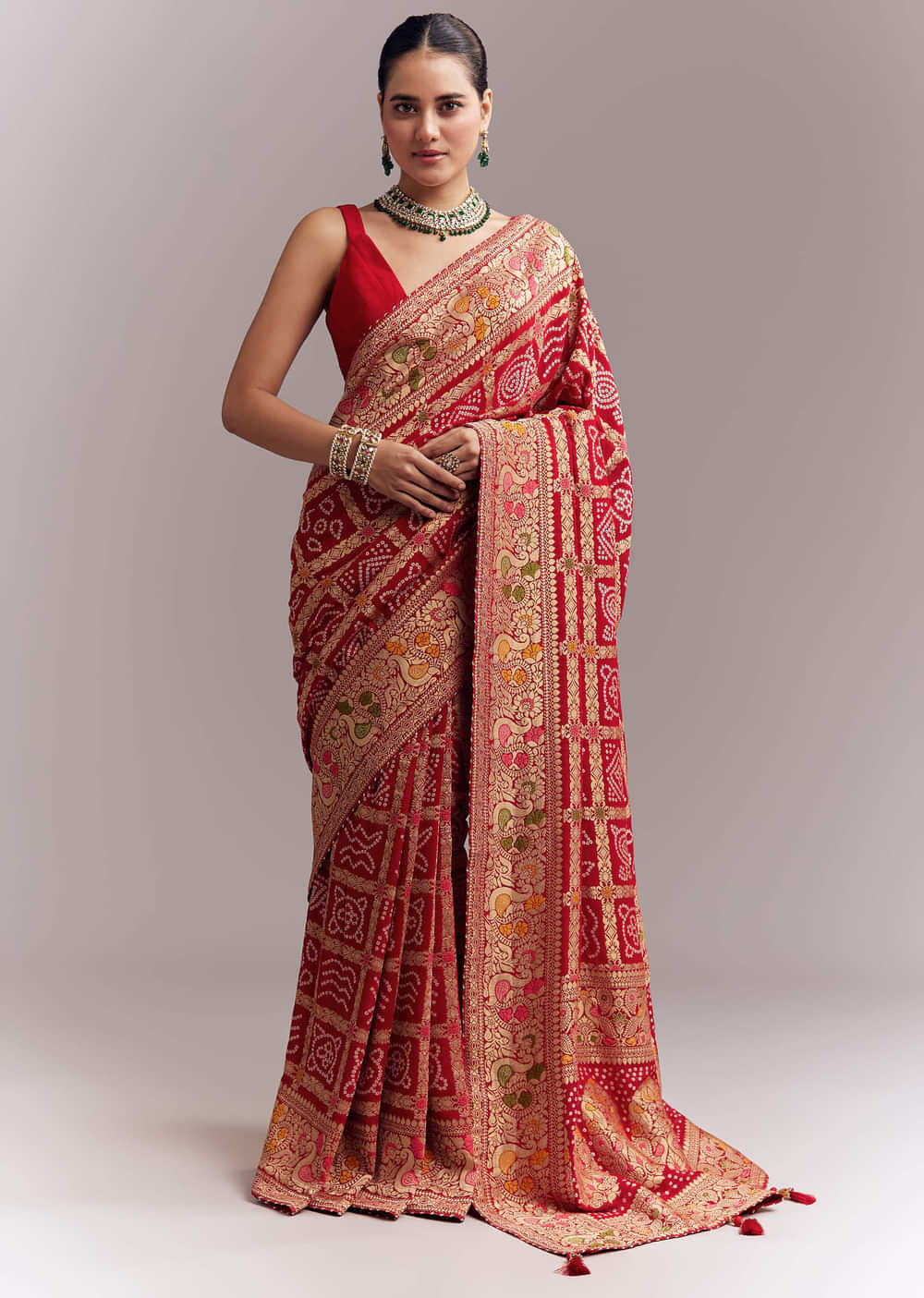 Red Dola Silk Woven Saree With Bandhani And Floral Work