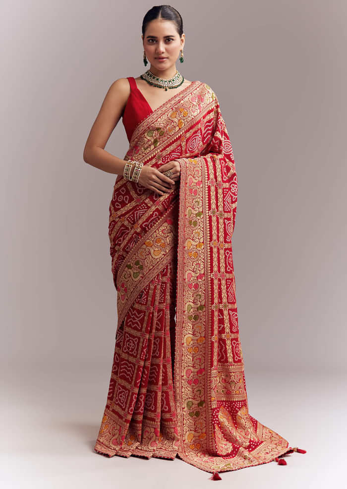 Red Dola Silk Woven Saree With Bandhani And Floral Work