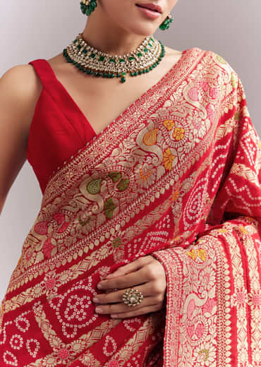 Red Dola Silk Woven Saree With Bandhani And Floral Work Red Dola Silk Woven Saree With Bandhani And Floral Work