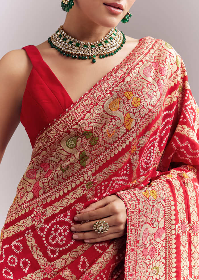 Red Dola Silk Woven Saree With Bandhani And Floral Work