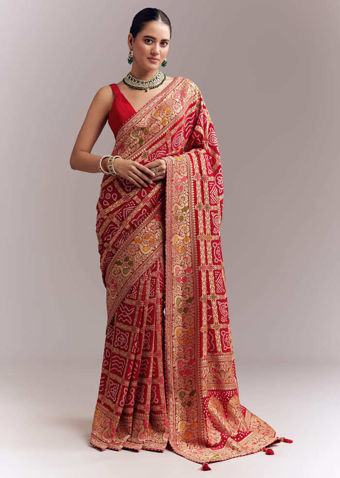 Red Dola Silk Woven Saree With Bandhani And Floral Work