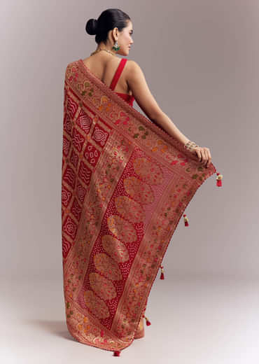 Red Dola Silk Woven Saree With Bandhani And Floral Work Red Dola Silk Woven Saree With Bandhani And Floral Work