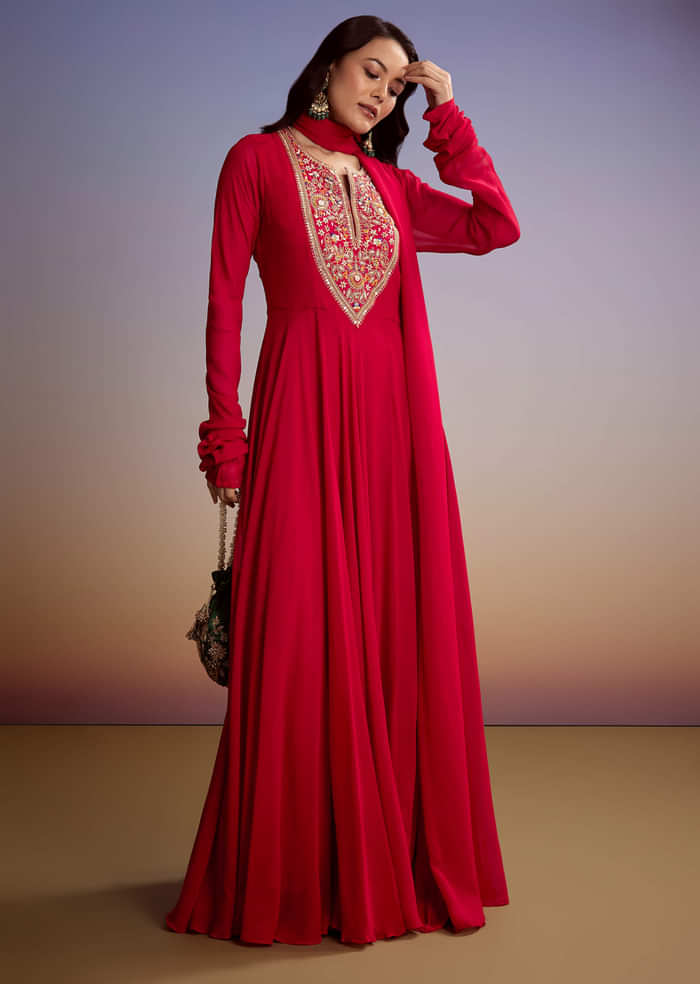 Red Georgette Anarkali Suit With Zari And Sequins Work
