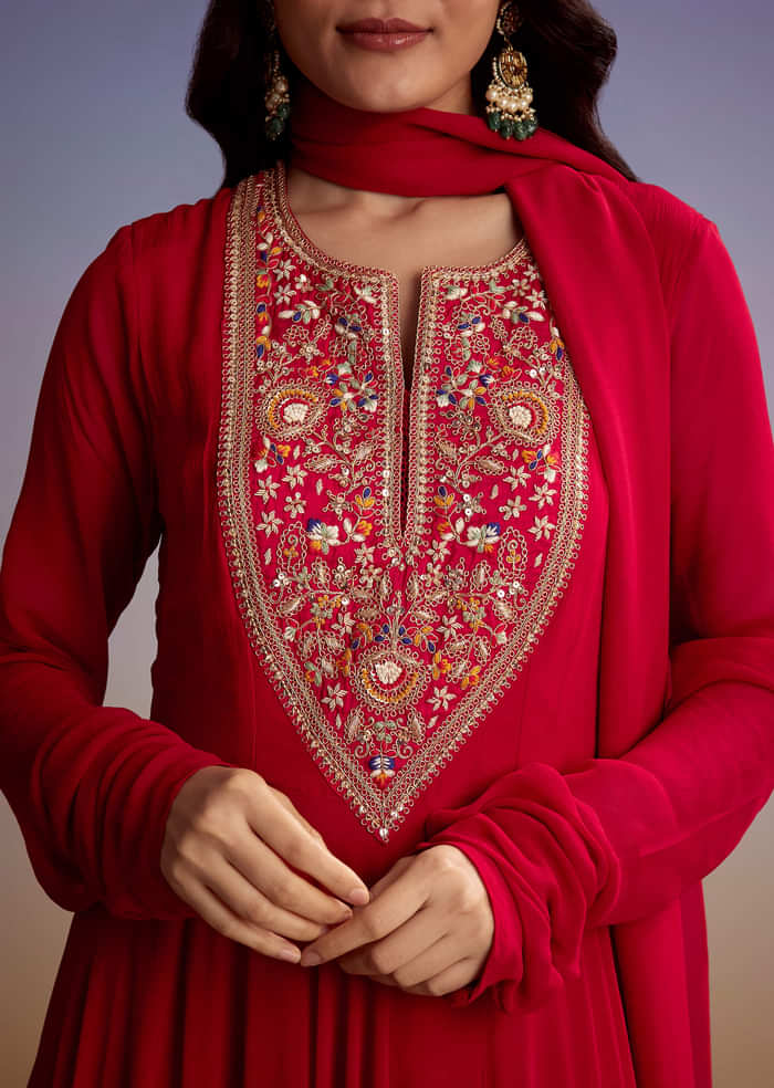 Red Georgette Anarkali Suit With Zari And Sequins Work