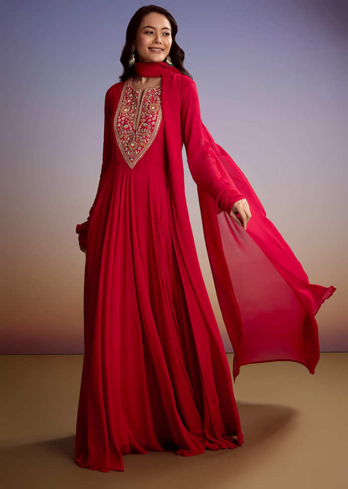 Red Georgette Anarkali Suit With Zari And Sequins Work
