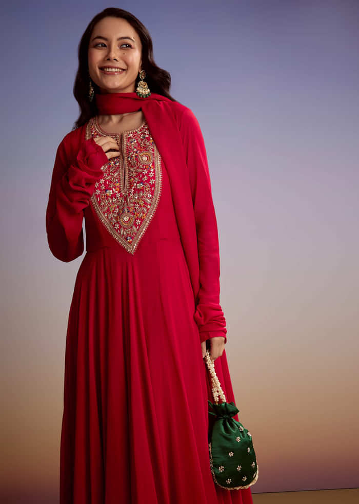 Red Georgette Anarkali Suit With Zari And Sequins Work