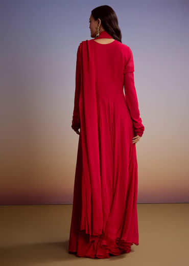 Red Georgette Anarkali Suit With Zari And Sequins Work