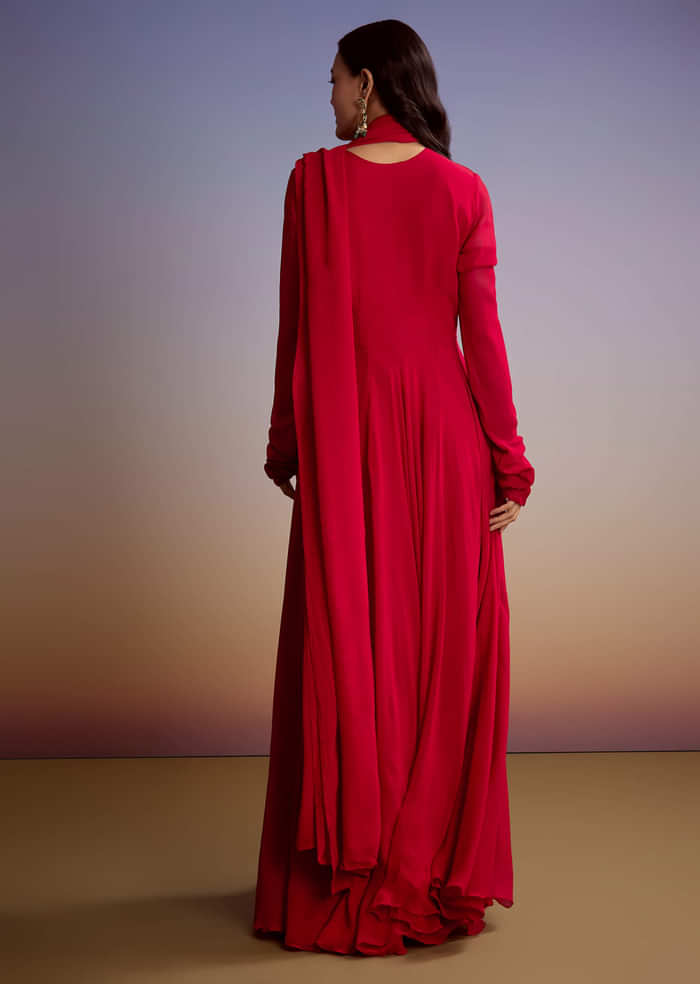 Red Georgette Anarkali Suit With Zari And Sequins Work