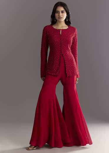 Red Georgette Beaded Kurta Sharara Suit