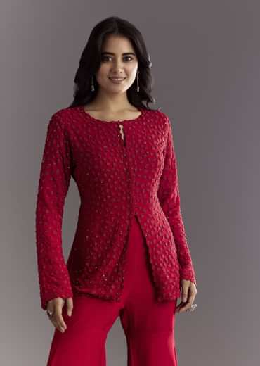 Red Georgette Beaded Kurta Sharara Suit