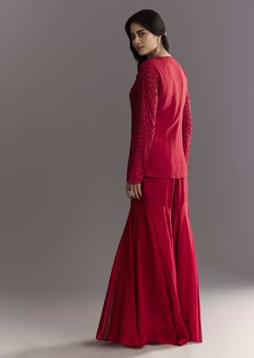 Red Georgette Beaded Kurta Sharara Suit