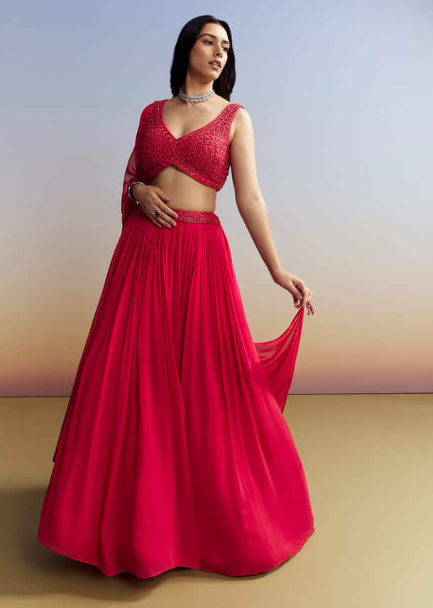 Red Georgette Lehenga with Cut Dana Choli