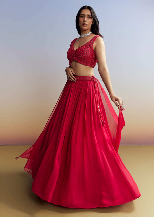 Red Georgette Lehenga with Cut Dana Choli