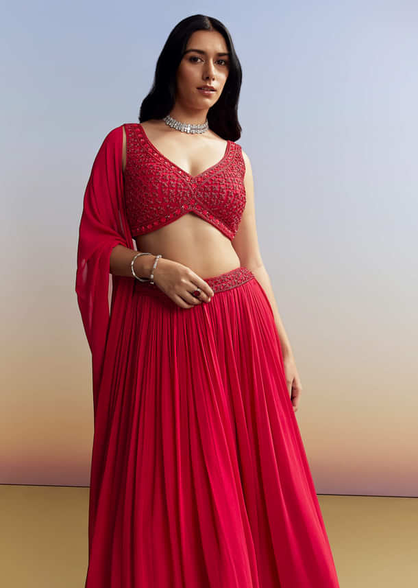 Red Georgette Lehenga with Cut Dana Choli