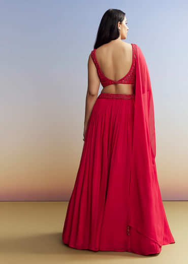 Red Georgette Lehenga with Cut Dana Choli