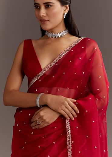 Red Glass Tissue Saree With Cutdana And Sequins Scallop Border