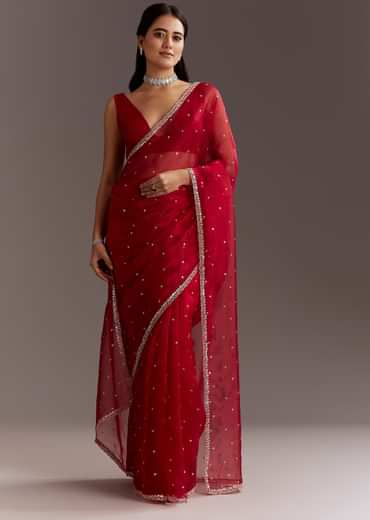 Red Glass Tissue Saree With Cutdana And Sequins Scallop Border