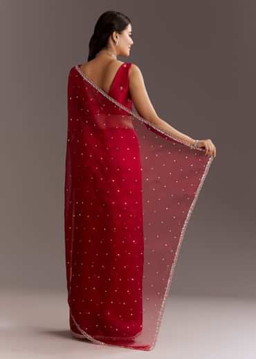 Red Glass Tissue Saree With Cutdana And Sequins Scallop Border