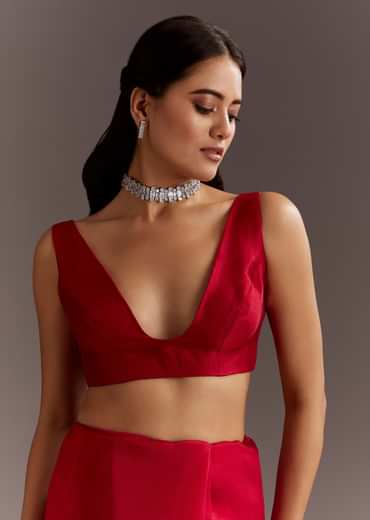 Red Glass Tissue Saree With Cutdana And Sequins Scallop Border