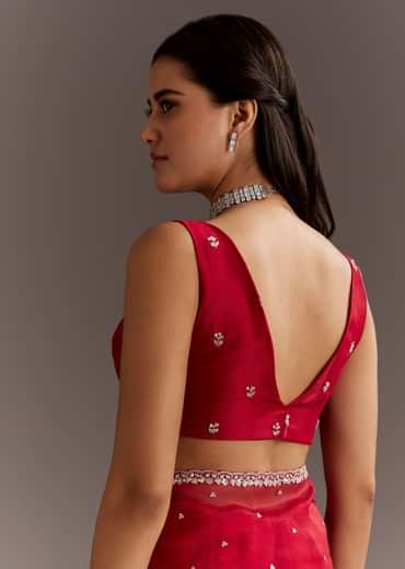 Red Glass Tissue Saree With Cutdana And Sequins Scallop Border