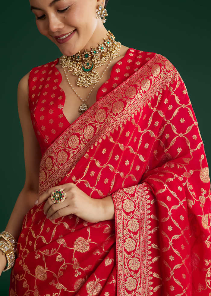 Red Jaal Work Saree With Floral Border And Pallu