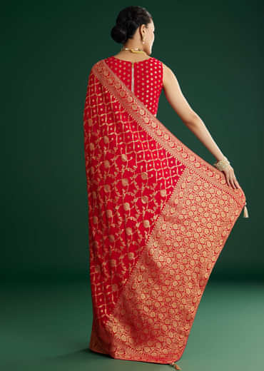 Red Jaal Work Saree With Floral Border And Pallu