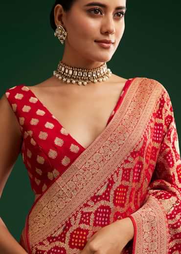 Red Khaddi Georgette Saree With Zari Woven Jaal Work