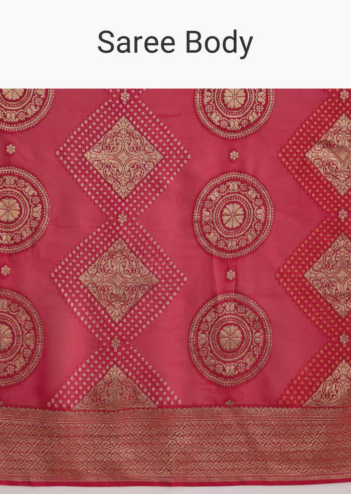 Red Khadhi Georgette Saree With Geometric Motifs In Zari Work