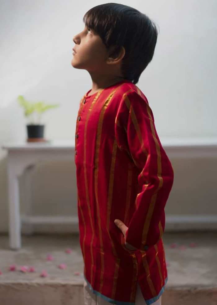 Kalki Boys Red Kurta In Cotton Silk With Hand Woven Zari Stripes Love The World Today
