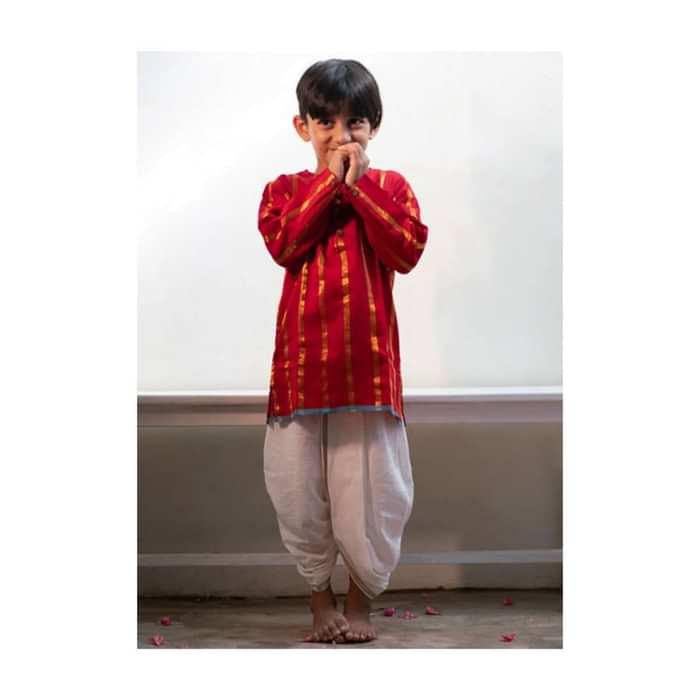 Kalki Boys Red Kurta In Cotton Silk With Hand Woven Zari Stripes Love The World Today