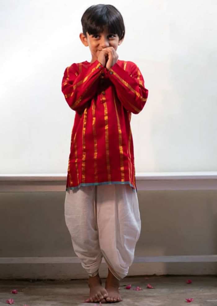 Kalki Boys Red Kurta In Cotton Silk With Hand Woven Zari Stripes Love The World Today