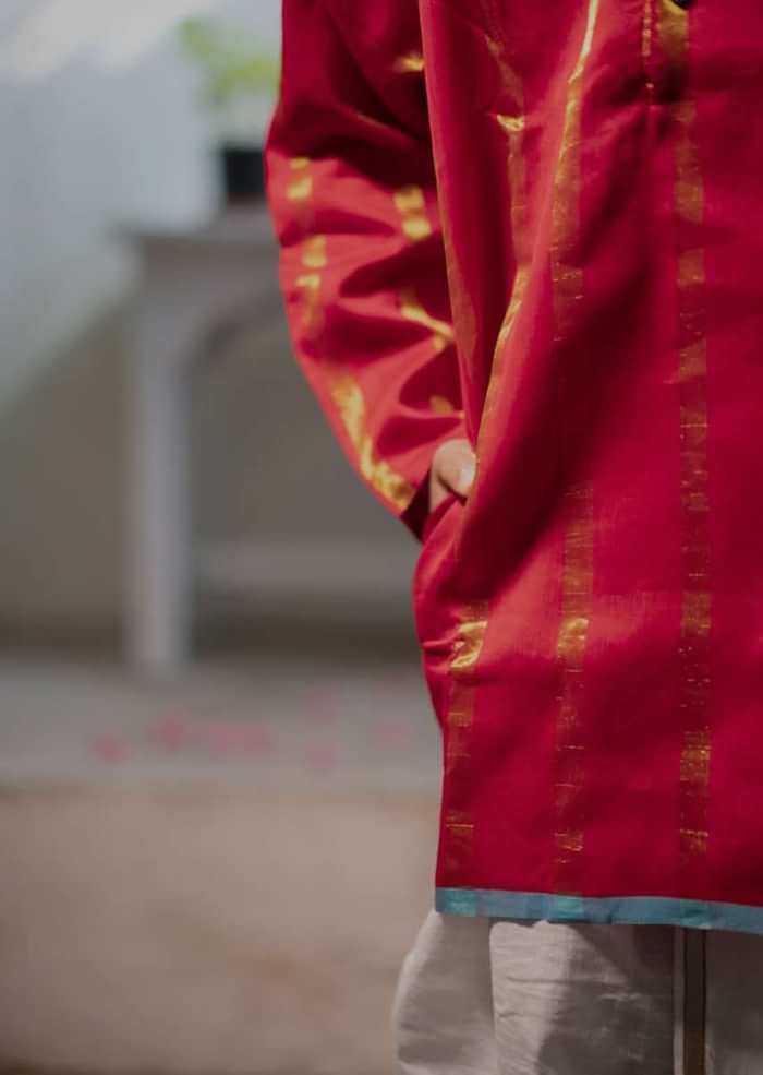 Kalki Boys Red Kurta In Cotton Silk With Hand Woven Zari Stripes Love The World Today