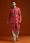 Red Kurta Set For Men With Ethnic Motif Work