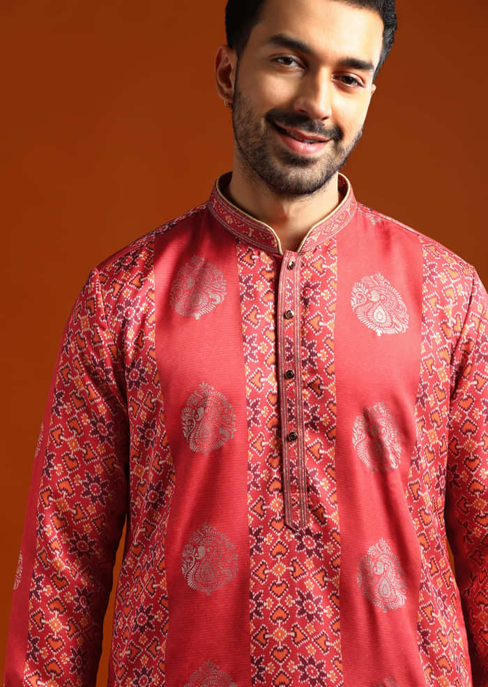 Red Kurta Set For Men With Ethnic Motif Work