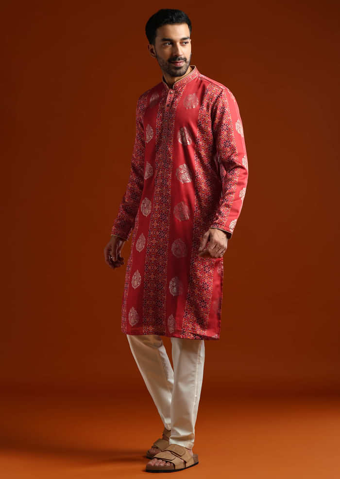 Red Kurta Set For Men With Ethnic Motif Work