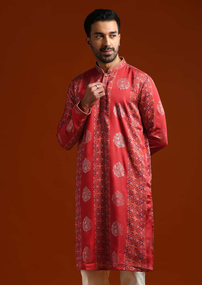 Red Kurta Set For Men With Ethnic Motif Work
