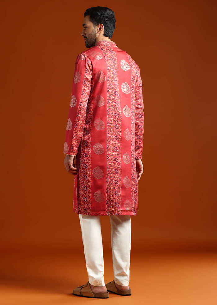 Red Kurta Set For Men With Ethnic Motif Work